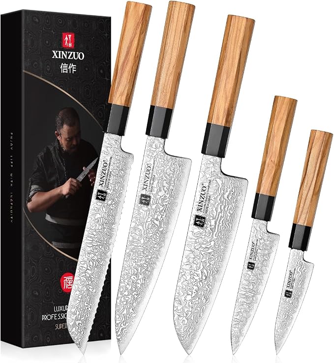 XINZUO 5 Pieces Kitchen Knife Set without Block, Hand Forged 67 Layers Damascus Steel Professional Chef Knife Set,Ultra Sharp,Olive Wood Octagonal Handle