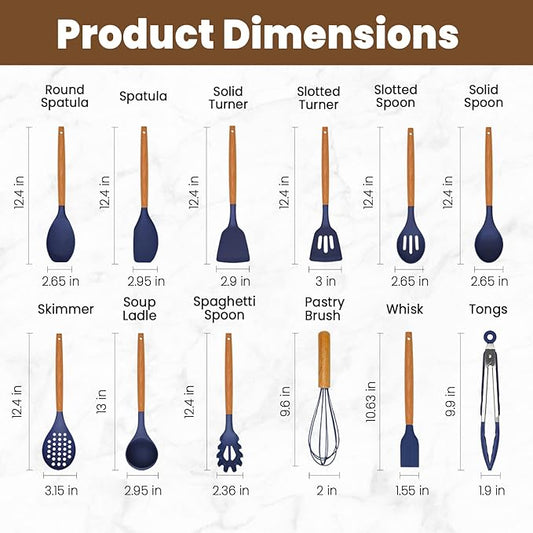 Kitchen Utensils Set - 12 Pcs Silicone Cooking Utensils Set with Wooden Handle - Heat Resistant Non-Stick BPA Free Spatula Set,Turner, Spoon, Brush, Silicone Kitchen Gadgets Utensil Set