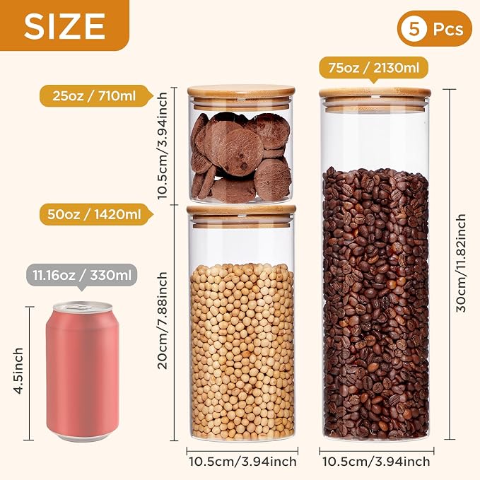 Glass Food Storage Jars with Lids[Set of 5], Perfect for Pasta, Cookies, Nuts, Coffee, Cereal, Flour, Organize Your Kitchen and Pantry with these BPA-Free Glass Jars with Canisters