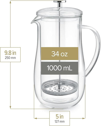 Teabloom Insulated Double-Walled Glass French Press – 100% Plastic-Free Tea & Coffee Press for Pure, Rich Flavor | 34 oz Precision Brewer | Connoisseur's Choice