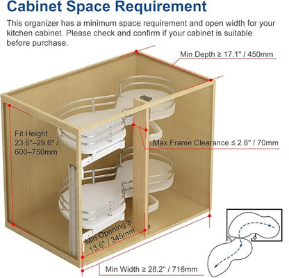 VADANIA Left Swing Pull Out Organizer for 32" Blind Corner Kitchen Cabinet, 2 Tiers Swing Tray, Soft Close, Left Handed Open