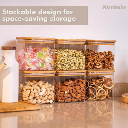 6-Pack 0.7Qt Small Rectangle Glass Storage Jars with Bamboo Lids | Minimalist Kitchen Organizer,Pantry Storage Container,Food Storage Container,Scandinavian Style Storage,Nordic Style Storage