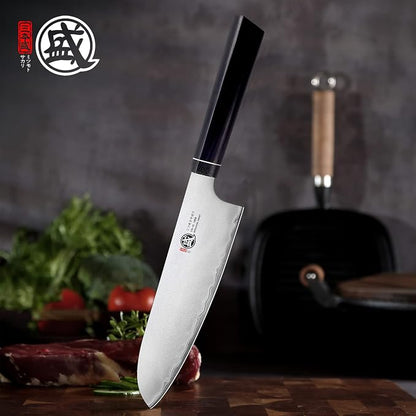 MITSUMOTO SAKARI Santoku Chef Knife 7 Inch, Japanese VG-10 Hand Forged Kitchen Knife for Meat & Vegetables, G10 Handle with Sandalwood Box