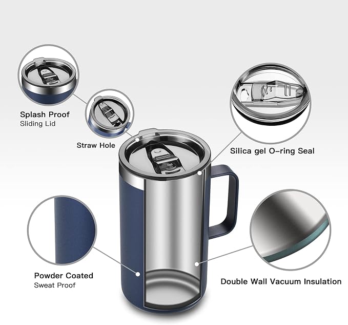 KXIAOCHEN 20oz Insulated Coffee Mug with Lid, Stainless Steel Coffee Cup, Double Wall Vacuum Coffee Tumbler with Handle, Premium Thermal Travel Coffee Mug (Navy Blue Black 2Pack)