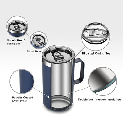 KXIAOCHEN 20oz Insulated Coffee Mug with Lid, Stainless Steel Coffee Cup, Double Wall Vacuum Coffee Tumbler with Handle, Premium Thermal Travel Coffee Mug (Navy Blue Black 2Pack)