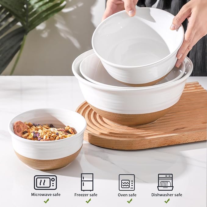 HASENSE Nesting Ceramic Mixing Bowls Set of 4, 2.1/1.5/1.0/0.5 Qt White & Terracotta Stoneware Bowls, Farmhouse Bowls for Cooking, Prepping, Salad & Soup, Dishwasher & Microwave Safe, Serving Dishes