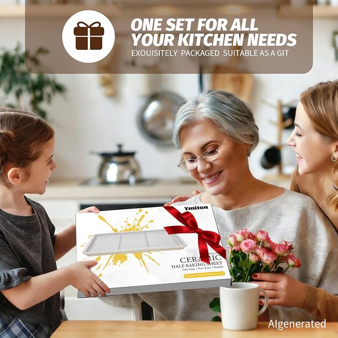 Nonstick Ceramic Baking Sheet With Rack, 2-Pack Half Sheet Pan, Non-Toxic, PTFE & PFOA Free, Warp-Free, Oven Safe 550°F, Dishwasher Safe, Aluminized Steel, Gray Yellow