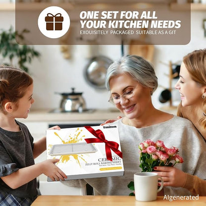 Nonstick Ceramic Baking Sheet With Rack, 2-Pack 15x10 Jelly Roll Sheet Pan, Non-Toxic, PTFE & PFOA Free, Warp-Free, Oven Safe 550°F, Dishwasher Safe, Aluminized Steel, Gray Yellow