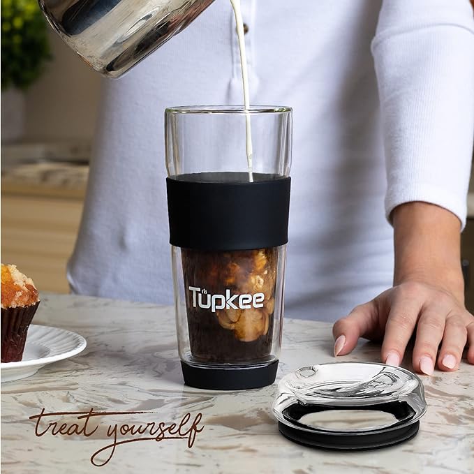 Double Wall Glass Tumbler - 14-Ounce, All Glass Reusable Insulated Tea/Coffee Mug & Lid, Hand Blown Travel Mug - Black