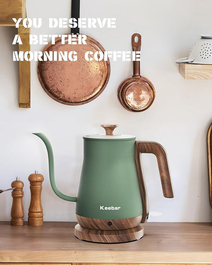 Gooseneck Electric Kettle, Electric Tea Kettle Stainless Steel, Pour over kettle for Coffee, 1000W Hot Water Kettle Electric Auto Shut Off, 0.8L, Wood-like Grain Finish Handle, Matcha Green