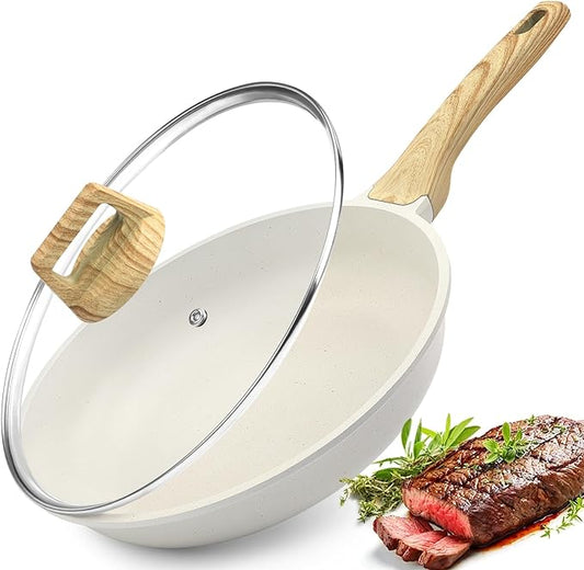 GiPP Nonstick Frying Pan Skillet with Lid - 11" White Granite Non Stick Pans, Omelette Pan with Heat-Resistant Handle, Compatible with All Stovetops, PFOA Free