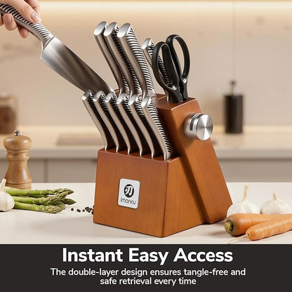 imarku 14-Piece Knife Set, Japanese Stainless Steel Knives Set for Kitchen, Full-Tang Gyutou Knife Sets with Block and Build-in Sharpener, Brown, Dishwasher Safe, House Warming Gifts for Men