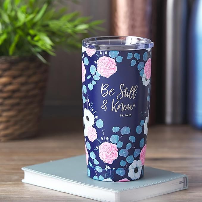 Christian Art Gifts Stainless Steel Double-Wall Vacuum Insulated Travel Mug 18 oz Navy Blue with Pink Floral Tumbler with Lid for Women with Inspirational Bible Verse - Be Still & Know -Psalm 46:10