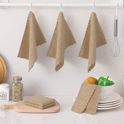 Kitinjoy 24 Pack Kitchen Cloths Dish Towels (7" x 9", Tan), Super Soft and Absorbent Dish Cloths, Nonstick Oil Fast Drying Coral Velvet Microfiber Cleaning