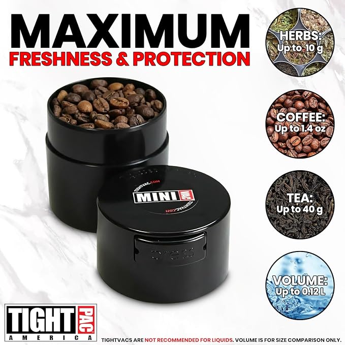 Tightpac Minivac Portable Vacuum Seal Airtight Container – Keeps Coffee Beans, Grounds, Tea, Spices & Herbs Fresh Longer – Travel-Ready, NSF-Certified Food-Grade Storage, 10 to 30 Grams, Black