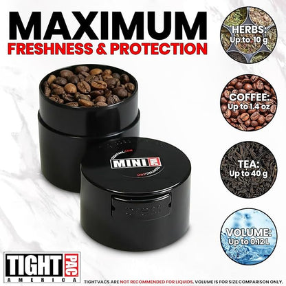 Tightpac Minivac Portable Vacuum Seal Airtight Container – Keeps Coffee Beans, Grounds, Tea, Spices & Herbs Fresh Longer – Travel-Ready, NSF-Certified Food-Grade Storage, 10 to 30 Grams, Black