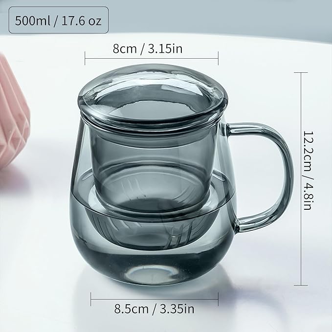 Glass Tea Cup with Infuser and Lid, 17.6oz/520ml Large Borosilicate Teacup, Clear Mug for Loose Leaf Tea, Blooming Tea, Tea Bags - Perfect Christmas or Birthday Gift for Men.