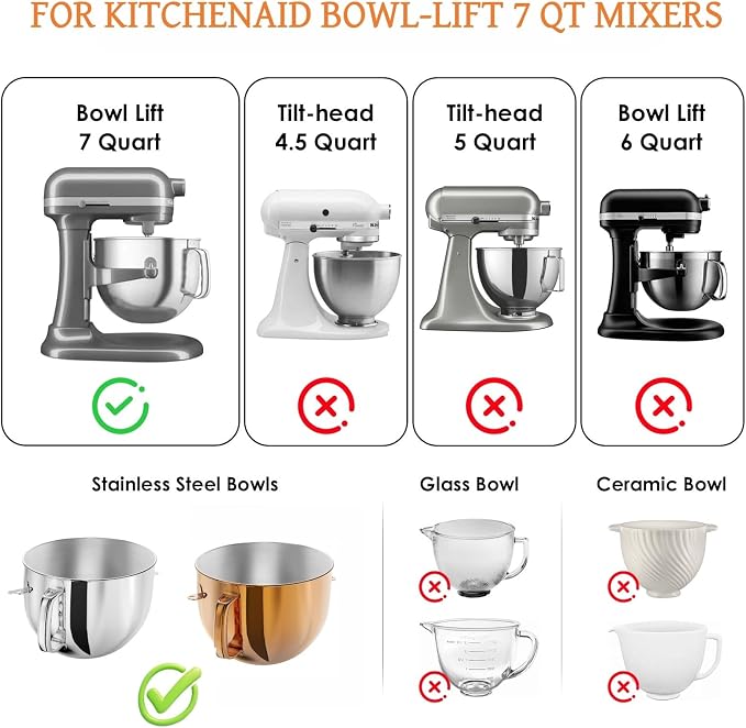 Silicone Bowl Liners for KitchenAid 7 Qt Bowl-Lift Mixer, Silicone Bowl Insert for KitchenAid 7 Quart Mixer, Included 3 Liners with 3 Lids (For 7 Qt Bowl-lift)