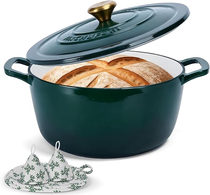 Cast Iron Dutch Oven with Lid - JINCHUFURI Enameled Cast Iron Dutchs Oven 5 Qt enamel dutch ovens Pot Heavy-Duty Cookware for Sourdough Bread Baking,Stews, Roasting,Braising(Green)