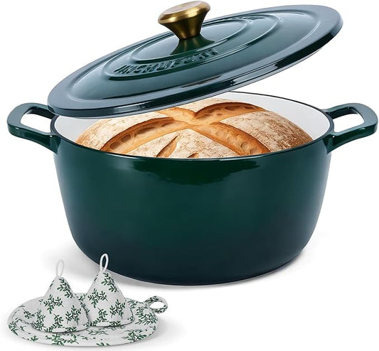 Cast Iron Dutch Oven with Lid - JINCHUFURI Enameled Cast Iron Dutchs Oven 5 Qt enamel dutch ovens Pot Heavy-Duty Cookware for Sourdough Bread Baking,Stews, Roasting,Braising(Green)