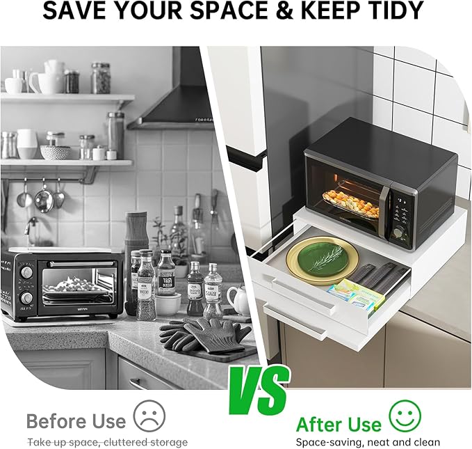 2-Tier Pull-Out Cabinet Organizer with Drawer & Countertop, Adjustable Kitchen Microwave Stand, Spice Rack Storage for Countertop, Cabinet, Pantry, Steel, White (18.3''W x 14.1-24.3''D x 5.5''H)