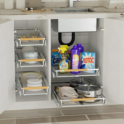 SANNO Pull Out Cabinet Organizer, Expandable Slide Out Organizer shelf for Kitchen Cabinets Organizer, Sliding Pantry Shelves - Roll Out Shelf Storage for Pots, Pans