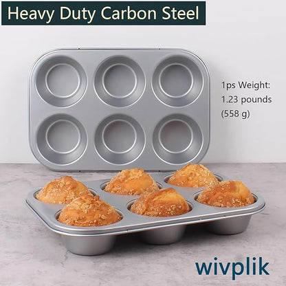 Nonstick jumbo Muffin Pans 6 Cups，2 Pack Extra Large Cupcake Tins for Baking，Premmium Non-stick Coating for Non-Toxic,Heavy Duty Carbon Steel, 3.5 dia,Deep Muffin Tray