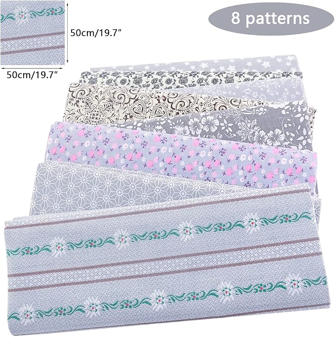 100% Cotton Fabric Bundle - 8 Pre-Cut Squares (20"x20"), Floral Quilting Fabric for DIY Patchwork, Gray