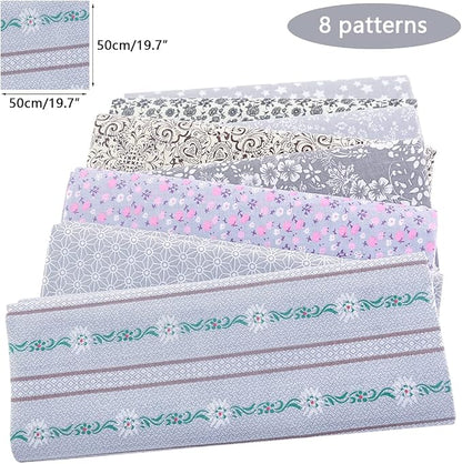 100% Cotton Fabric Bundle - 8 Pre-Cut Squares (20"x20"), Floral Quilting Fabric for DIY Patchwork, Gray