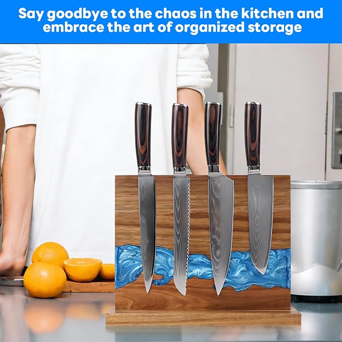 Magnetic Knife Block | Double Sided Magnetic Knife Holder | Acacia Wood Magnetic Knife Rack | Magnetic Knife Storage Stand for Kitchen Counter, Blue Resin River, 12.59×9.84IN (No Knife)