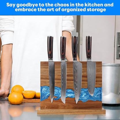 Magnetic Knife Block | Double Sided Magnetic Knife Holder | Acacia Wood Magnetic Knife Rack | Magnetic Knife Storage Stand for Kitchen Counter, Blue Resin River, 12.59×9.84IN (No Knife)