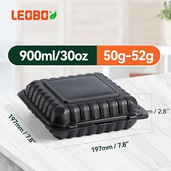 65-Pack 30oz 7.8 Inch Black Bento Box - Shrink Wrapped No Pre-Wash | 3-Compartment Reusable & Sturdy | Microwave and Freezer Safe Takeout Containers for Catering, Meal Delivery & Leftovers