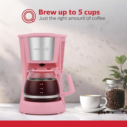Holstein Housewares 5 Cup Drip Coffee Maker – Compact and User-Friendly with Auto Pause & Serve, Reusable Filter, Measuring Spoon & Glass Carafe, Office & Dorm Use, Pink