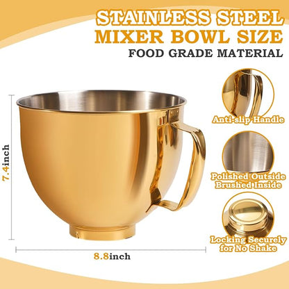 5 Quart Mixing Bowl for KitchenAid Stand Mixers, Food-Grade Stainless Steel Bowl with Handle & Clasp, Compatible with Tilt-Head 4.5–5 Qt Models – Fits K45, K45SS, KSM75, KSM150, KSM95 (Gold, 5QT)