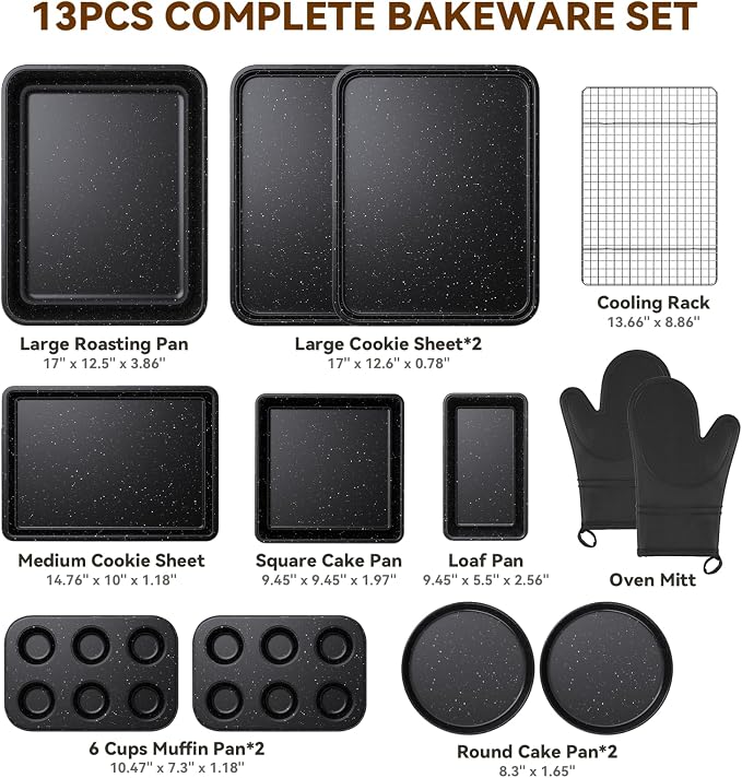 Wildone 13-Piece Baking Pans Set Nonstick - Stackable Bakeware Sets Including Cookie Sheets for Baking, Rack, Muffin Pan, Cake pan, Loaf Pan, Roasting Pan, Heavy Duty & Easy Clean, Black