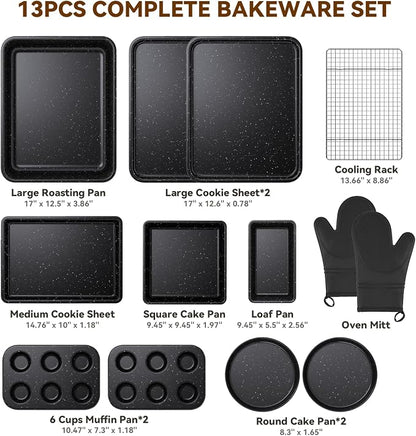 Wildone 13-Piece Baking Pans Set Nonstick - Stackable Bakeware Sets Including Cookie Sheets for Baking, Rack, Muffin Pan, Cake pan, Loaf Pan, Roasting Pan, Heavy Duty & Easy Clean, Black