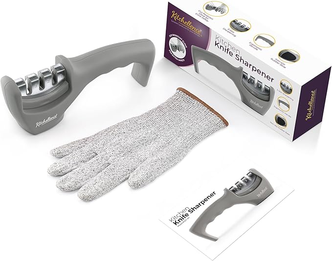 4-in-1 Kitchen Knife Accessories: 3-Stage Knife Sharpener Helps Repair, Restore and Polish Blades and Cut-Resistant Glove