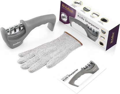 4-in-1 Kitchen Knife Accessories: 3-Stage Knife Sharpener Helps Repair, Restore and Polish Blades and Cut-Resistant Glove