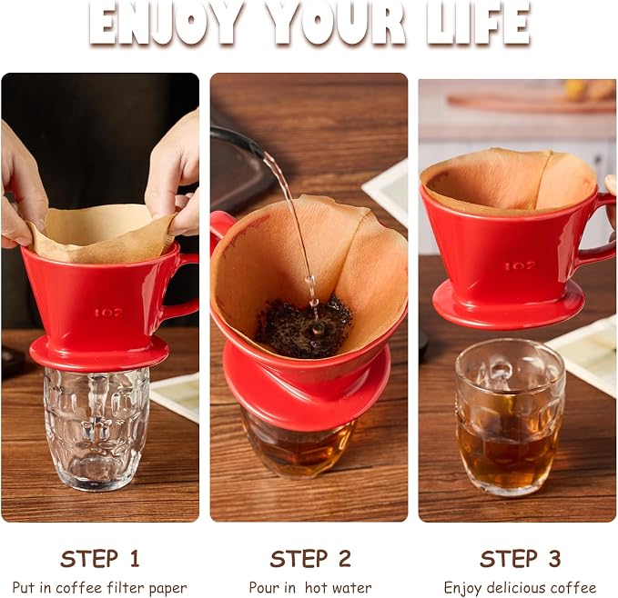 Pour Over Coffee Dripper, Ceramic Pour Over Coffee Maker with 3 Holes Flat Bottom, Easy Manual Brew Maker, Porcelain Slow Filter Cone for Travel, Camping, Office, Home,Red