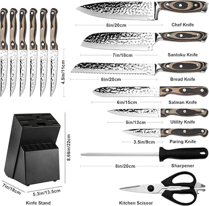 Knife Sets for Kitchen,15-piece Hammered Desgin Knife Set with Block and Sharpener, High Carbon Stainless Steel Chef Knives with Grey Triple Rivet Handle, Ultra Sharp and Dishwash Safe