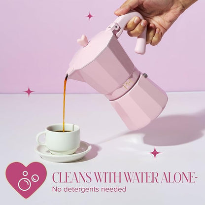 Paris Hilton Stovetop Espresso and Coffee Maker, Italian & Cuban Style Coffee Pot with Iconic Heart Knob, Perfect for Rich Aromatic Espresso, Makes up to 6 Espresso Cups, Pink