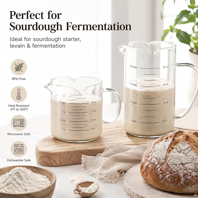 GENICOOK Sourdough Starter Jar Glass with Triple Spouts, 2 Pack Borosilicate Fermentation Measuring Cups (16.9oz & 33.8oz), Glass Containers for Dough Mixing, Starter Feeding & Baking, Microwave