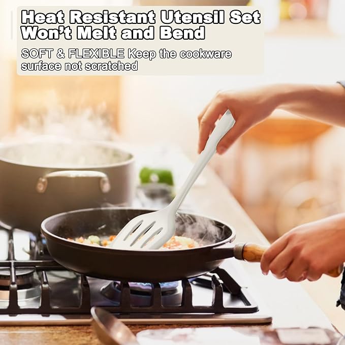 E-far 10 Pieces Silicone Cooking Utensils Set, Heat Resistant Kitchen Utensil Set for Nonstick Cookware, Kitchen Cooking Tools with Spatula, Spoon, Slotted Turner, Non-Toxic & Dishwasher Safe (White)