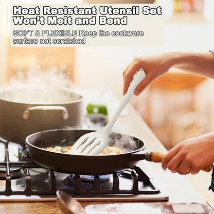 E-far 10 Pieces Silicone Cooking Utensils Set, Heat Resistant Kitchen Utensil Set for Nonstick Cookware, Kitchen Cooking Tools with Spatula, Spoon, Slotted Turner, Non-Toxic & Dishwasher Safe (White)