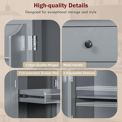 74.8''H High Freestanding Kitchen Pantry, Wooden Kitchen Organizers Cupboard Storage Cabinet with Door Shelves, Adjustable Shelves, Pull-out Trays and Drawers for Dining Room Living Room (Gray-2.12)