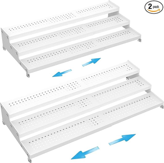 Expandable Spice Rack organizer with 3-Tier step shelf,Modern Design heavy duty,Non Skid and Visibility ,Great for Kitchen Cabinet,Bathroom,dressing table,Cupboard, Pantry and more(2PACKS/WHITE)