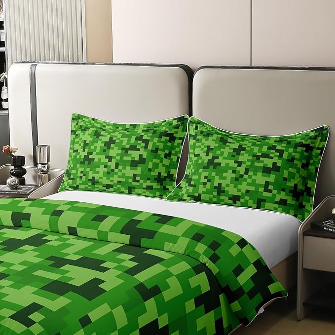 Castle Fairy Green Pixelated Theme Gamer 100% Cotton Bedding Set Video Games Comforter Cover Set for Kids Teens Bedroom Decor Cartoon Gamepad Duvet Cover (No Comforter) Full Size 3 PCS