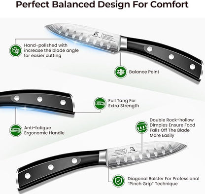 CoquusAid Paring Knife 3.75 Inch Fruit Knives, Small Kitchen Knife, Ultra Sharp German Stainless Steel Vegetable Knives, Damascus Pattern, Full Tang Handle Design, Elegant Black Ideal for Gift