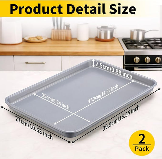 Beasea Baking Sheet Set of 2 Pack, 15.5x10.6 Inch Silver Nonstick Cookie Sheets Pans, Heavy Duty Carbon Steel Large Cookie Sheet Baking Pan Tray for Oven, Roasting, Cooking, Serving