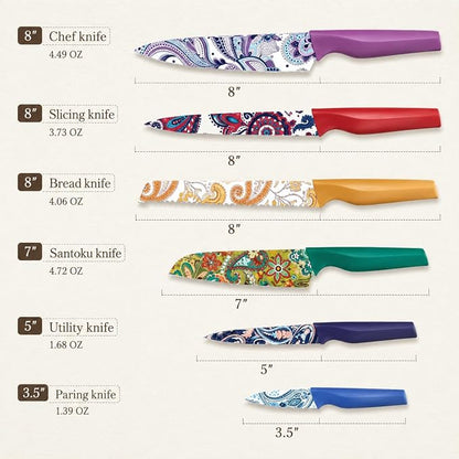Astercook Paisley Pattern Knife Set with Cover, Dishwasher Safe Colorful Knives with 6 Knife Sheath, German Stainless Steel Rainbow Knife Set